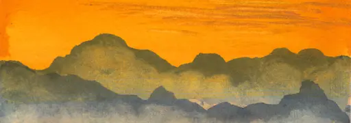 A close crop of a watercolor painting of a mountain range against an orange sky
