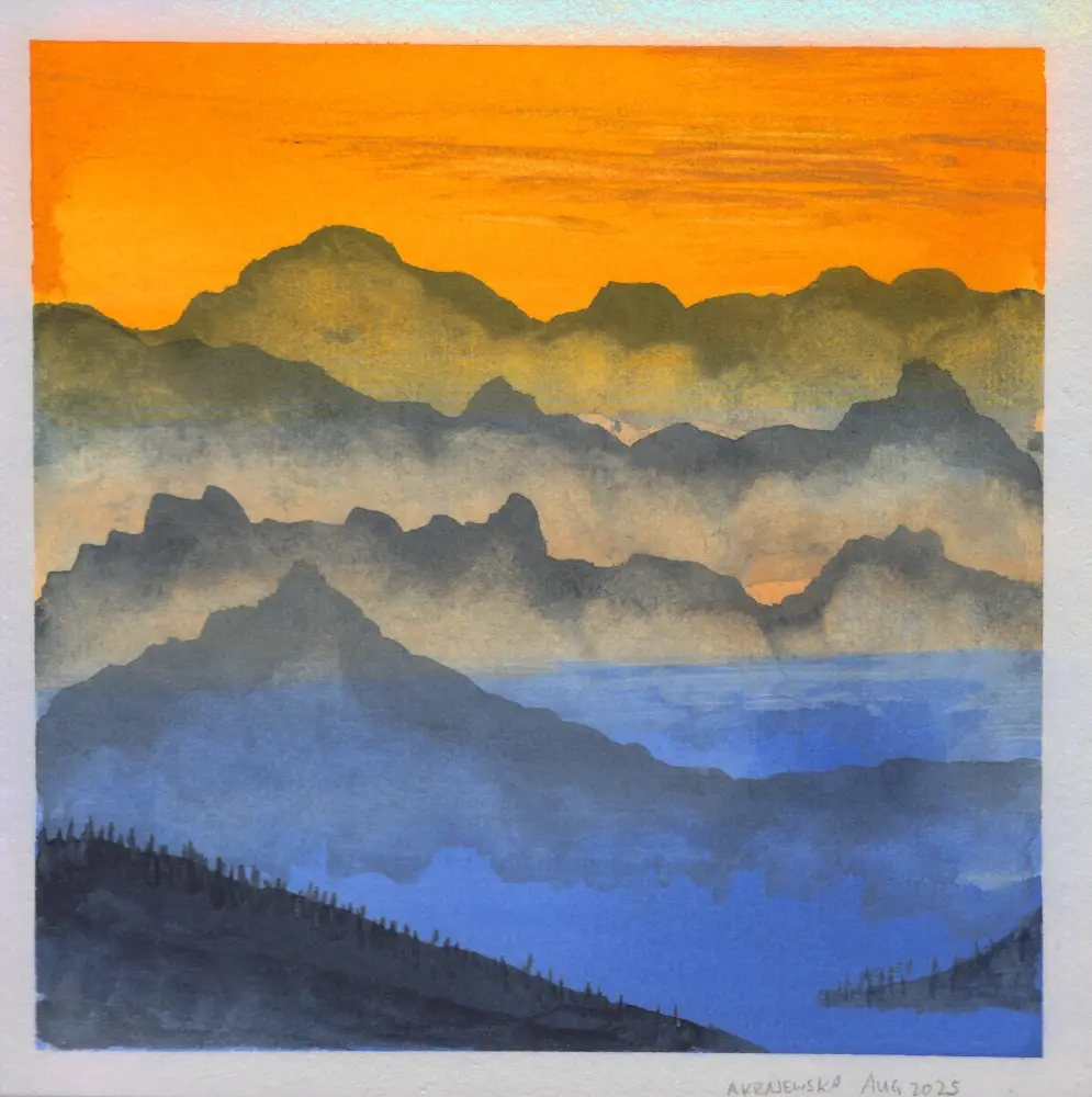 An abstract watercolor painting of mountain ranges with atmospheric perspective with a bright orange sky and the mountains in shades of blue