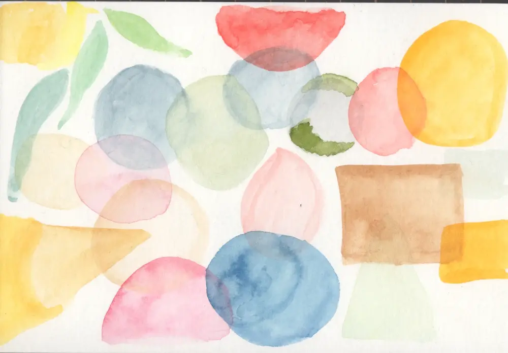A watercolor painting of various colored rectangles, circles and portions of the same. The paint is light and transparent and some of the shapes overlap, combining their colors