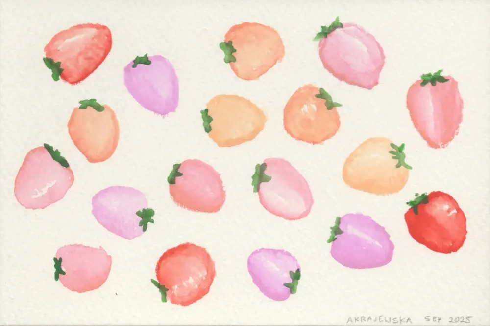 A watercolor painting of many strawberries on a white background. The strawberries are simplified and in many different shades of pink and red with little suggestions of green leaves on top