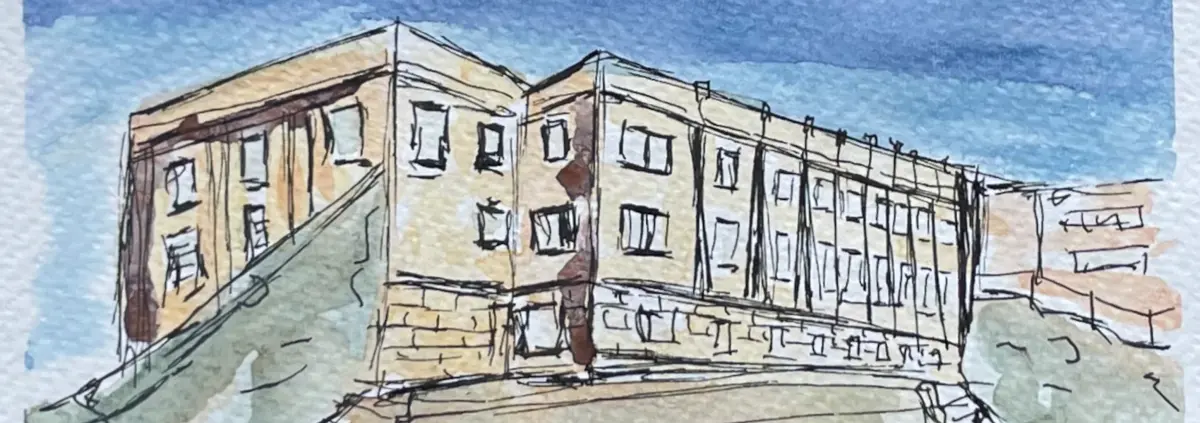 A painting of a imposing building seen edge on, three stories tall and receding into the distance.
