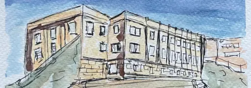 A painting of a imposing building seen edge on, three stories tall and receding into the distance.