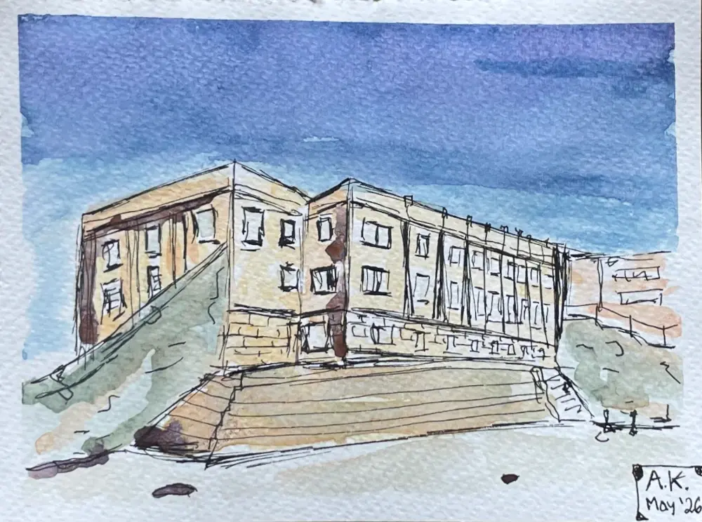 A painting of a imposing building seen edge on, three stories tall and receding into the distance. It's framed by walls and has large steps down the front. The sky behind it is purple and blue.