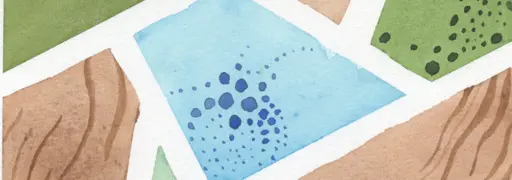 An closeup of a watercolor painting of abstracted blue and brown forms.