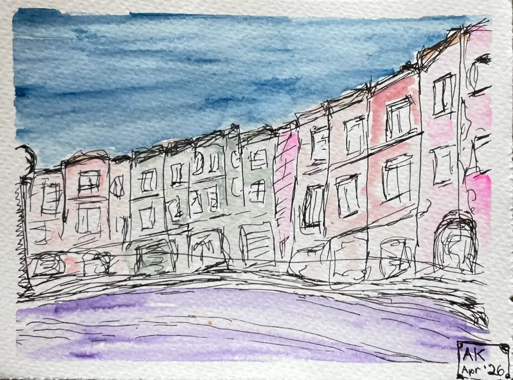A painting of row houses, all squished together, various shades of pink and teal. They are a bit messy and impressionistic.