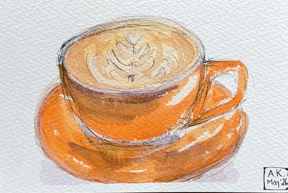 A painting of an orange coffee cup with a latte art flower on an orange coffee saucer. The contours are drawn in ink. The colors are done in watercolor in a loose style that gives the impression of glints and shadows.