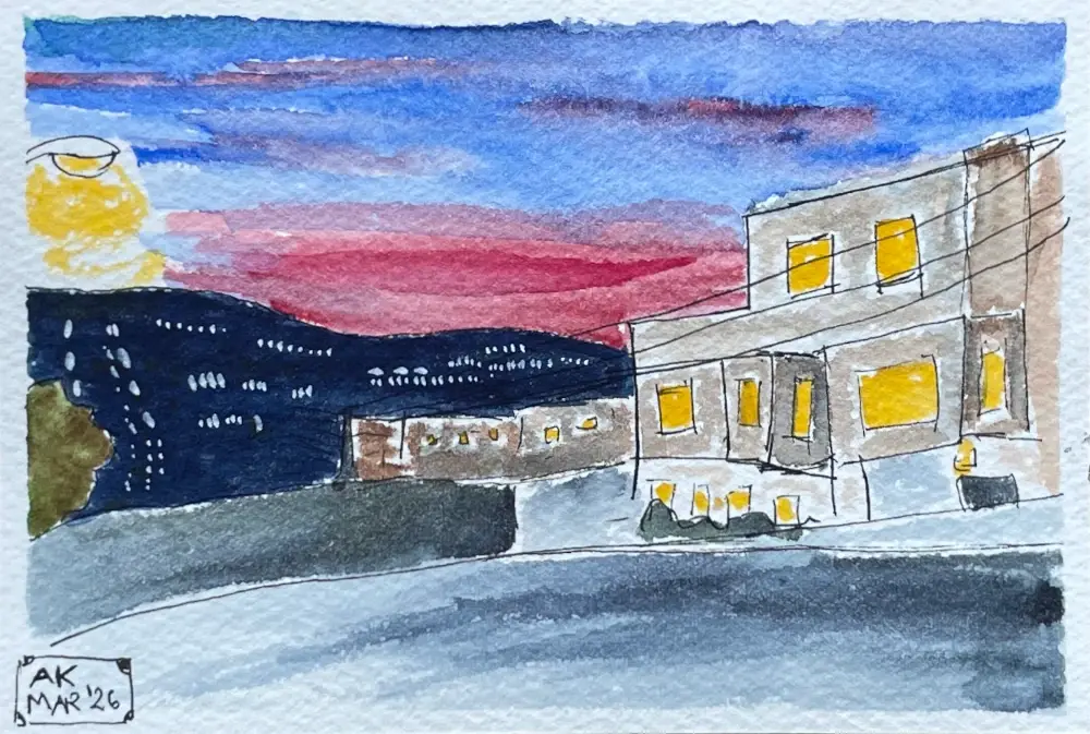 A painting of some modern houses at the top of a hill at night. The street below stretches out to a dark hillside with spots of light. The sky is vivid with sunset colors of red and purple near, and fading to evening blue above.