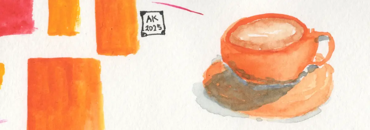 Orange swatches of watercolor paint and a thumbnail painting of an orange cup of coffee