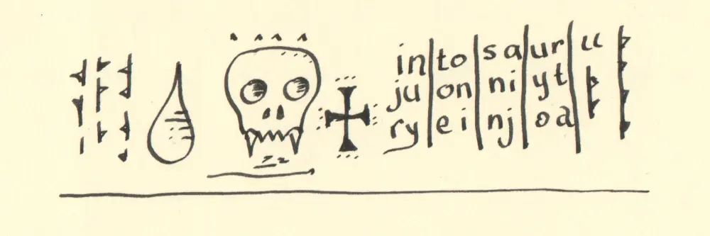 An injury to one is an injury to all. Ink and pen drawing of a simplified skull with fangs.