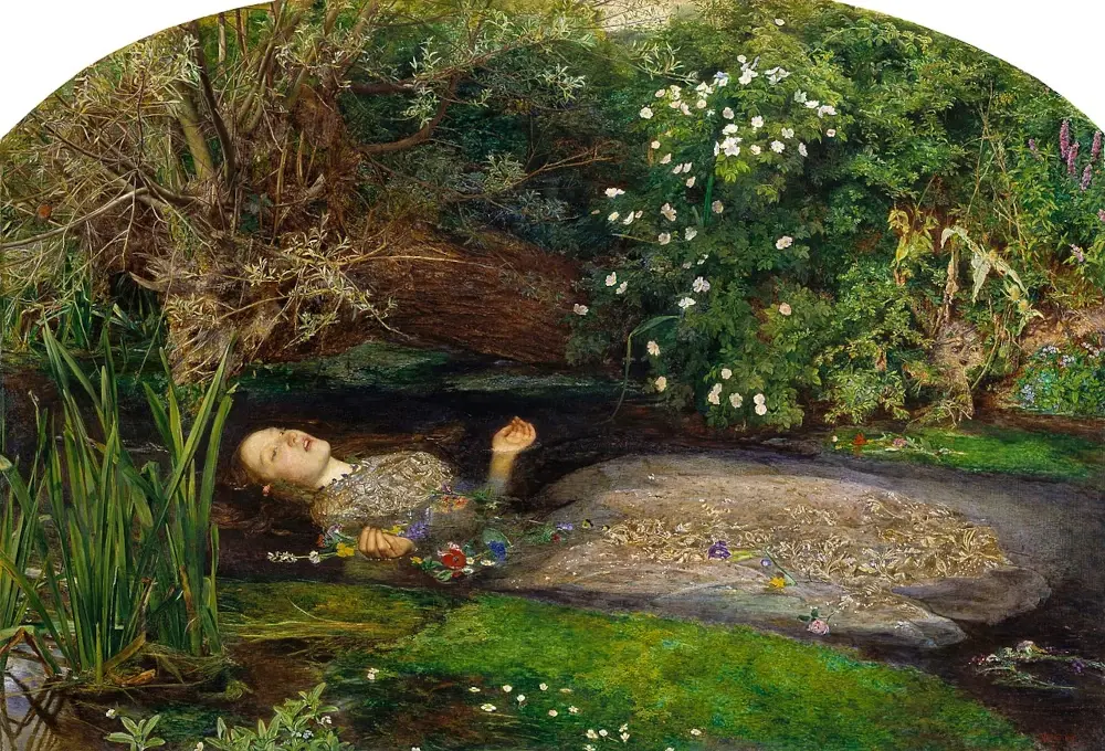 Painting of Ophelia, drowned in a stream, holding flowers in one hand