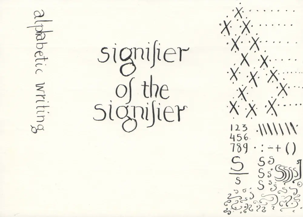 Calligraphy of the words Signifier of the Signifier. On one side, written sideways, the phrase alphabetic writing. On the other side lots of Xs, S/s, the number 9-1 arranged on a number pad