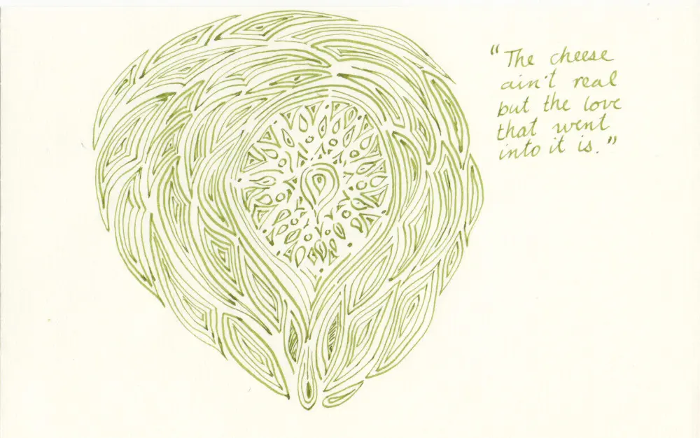 Green ink on paper. Own work, 2020. Description: drawing of a teardrop like shape encircled by somewhat symmetrical swirls. Next to it are the words,