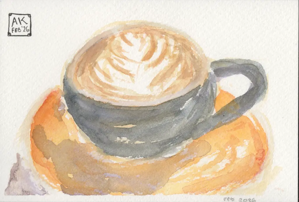 A watercolor painting of a black coffee cup on an orange saucer with flower latte art.
