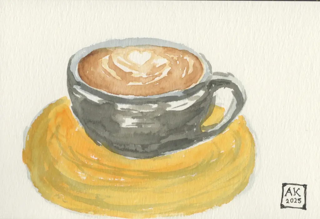 A watercolor painting of a black coffee cup on an orange saucer with heart-shaped latte art.