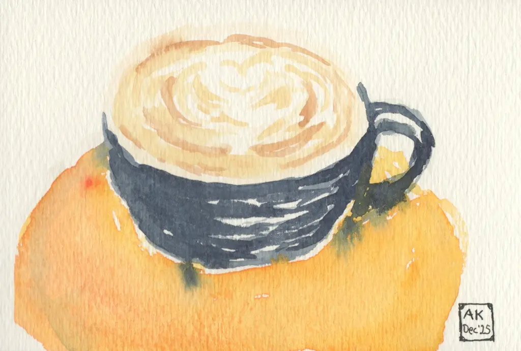 A watercolor painting of a black coffee cup on an orange saucer with an indication of latte art.