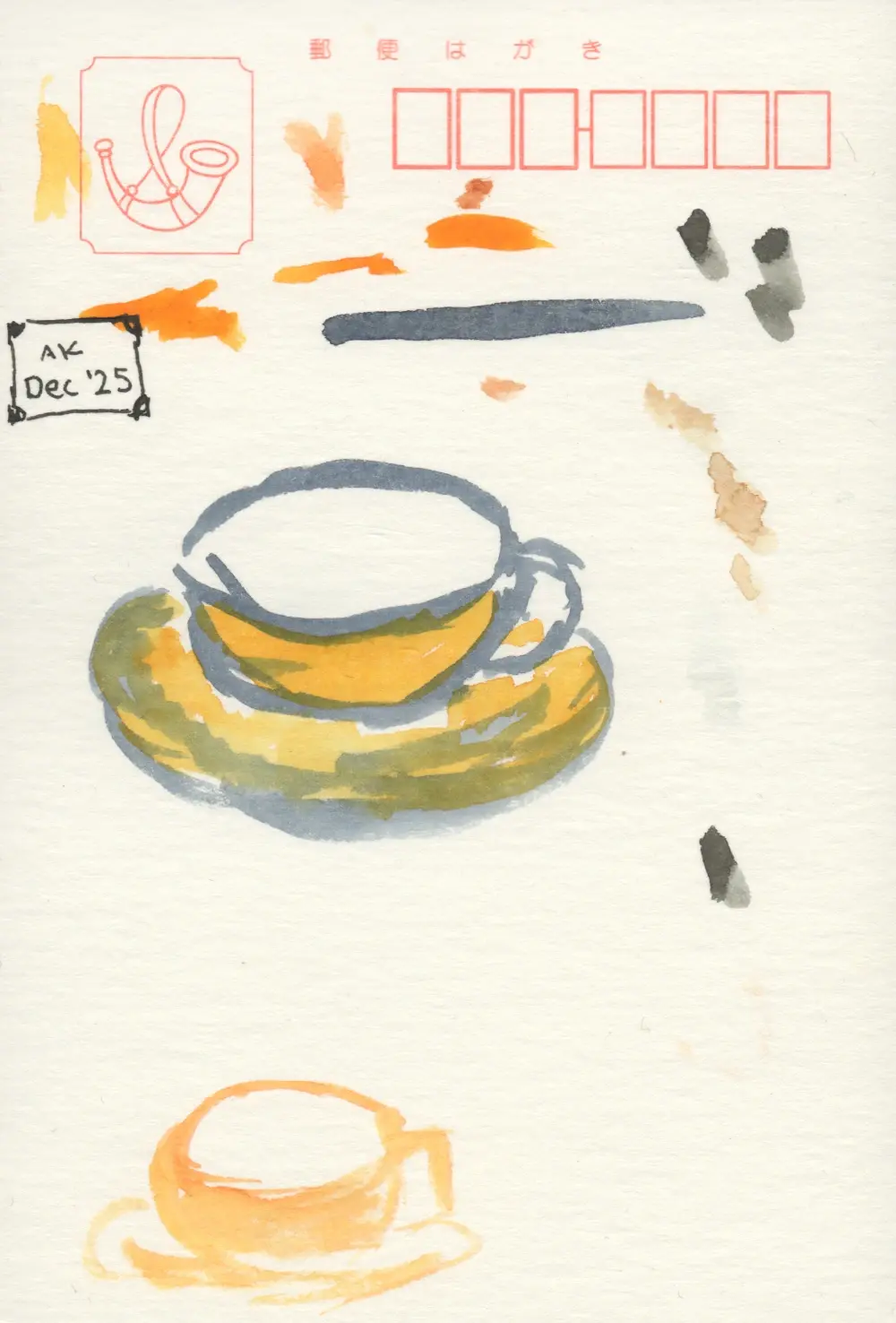 Two different line drawing watercolor sketches for coffee cups practicing for the black coffee cup and red saucer paintings