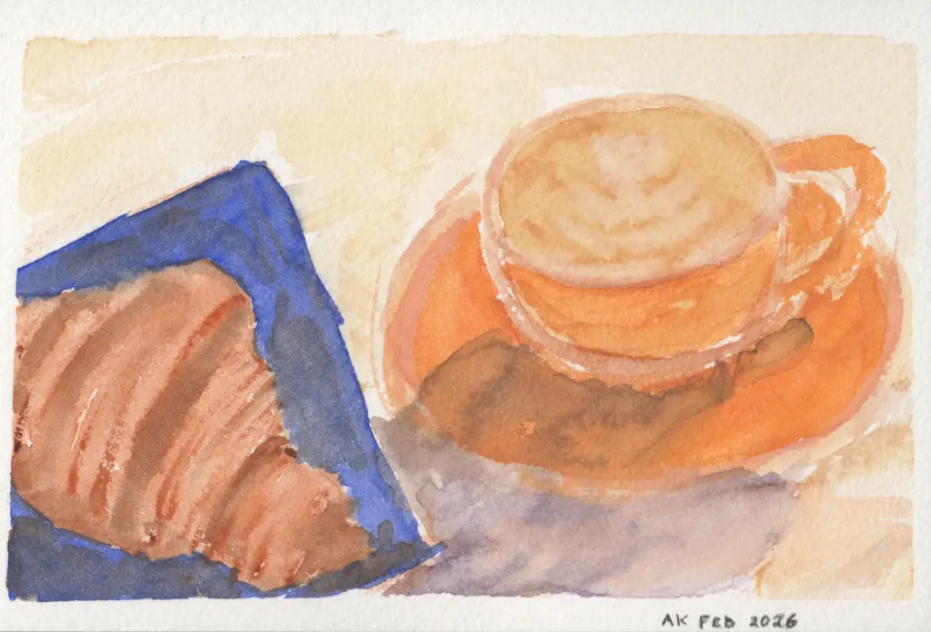 A watercolor painting of a croissant on a blue plate next to a coffee in an orange cup and saucer.