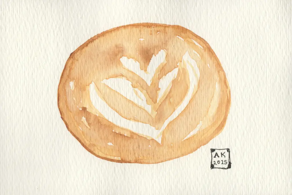 A watercolor painting of the just the latte art on a coffee, shaped like a lower with a heart.
