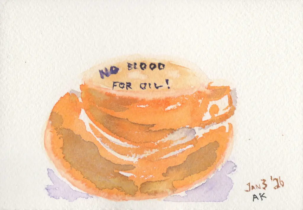 Watercolor sketch of a cup of coffee with words over the latte art “No blood for oil!”