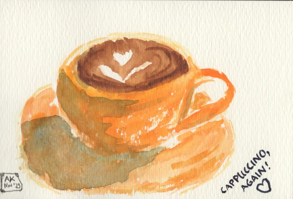 A watercolor painting of a bright orange coffee cup with flower-shaped latte art.