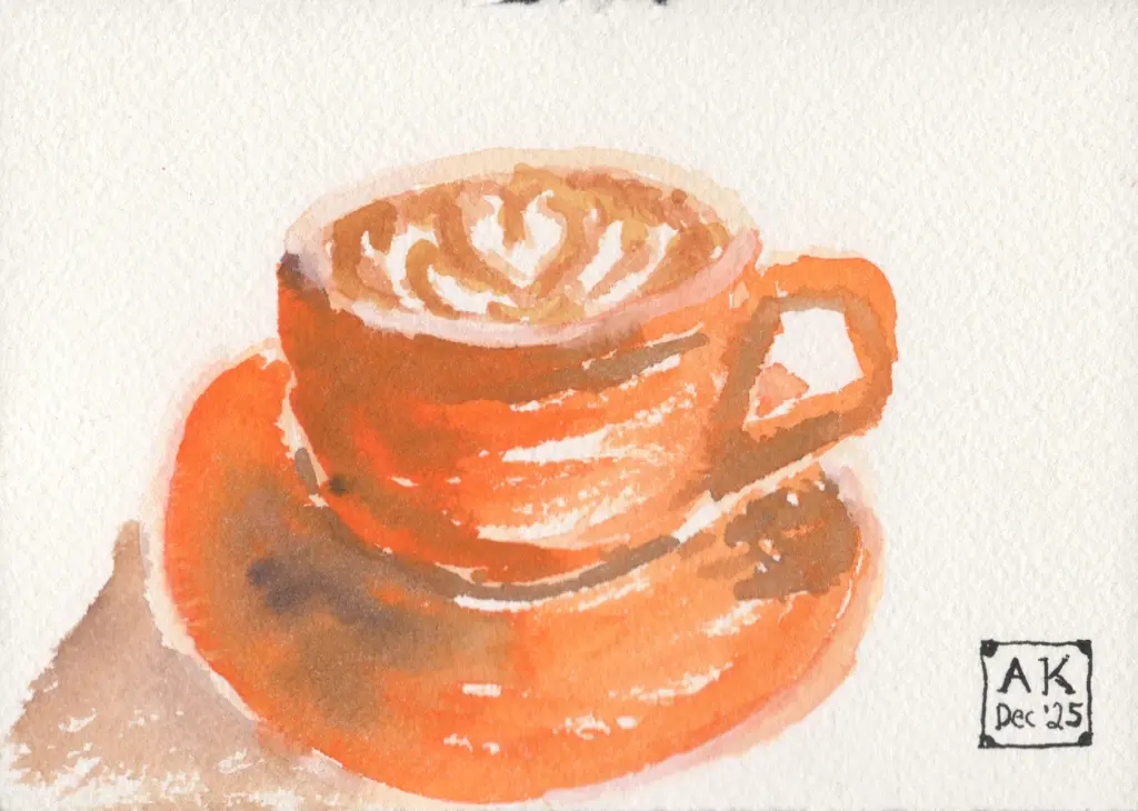Watercolor painting of a cappuccino in an orange cup with matching saucer. It’s in a loose sketchy style, capturing the general shape and color without fuss about precision.