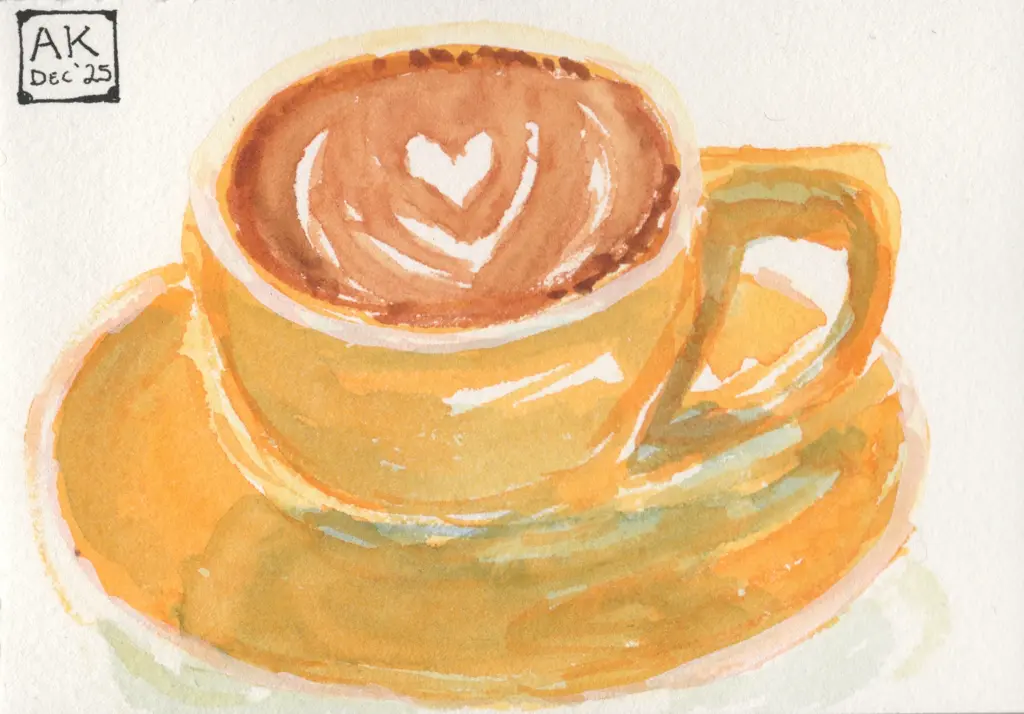 A watercolor painting of a cup of cappuccino with a flower and heart as latte art.