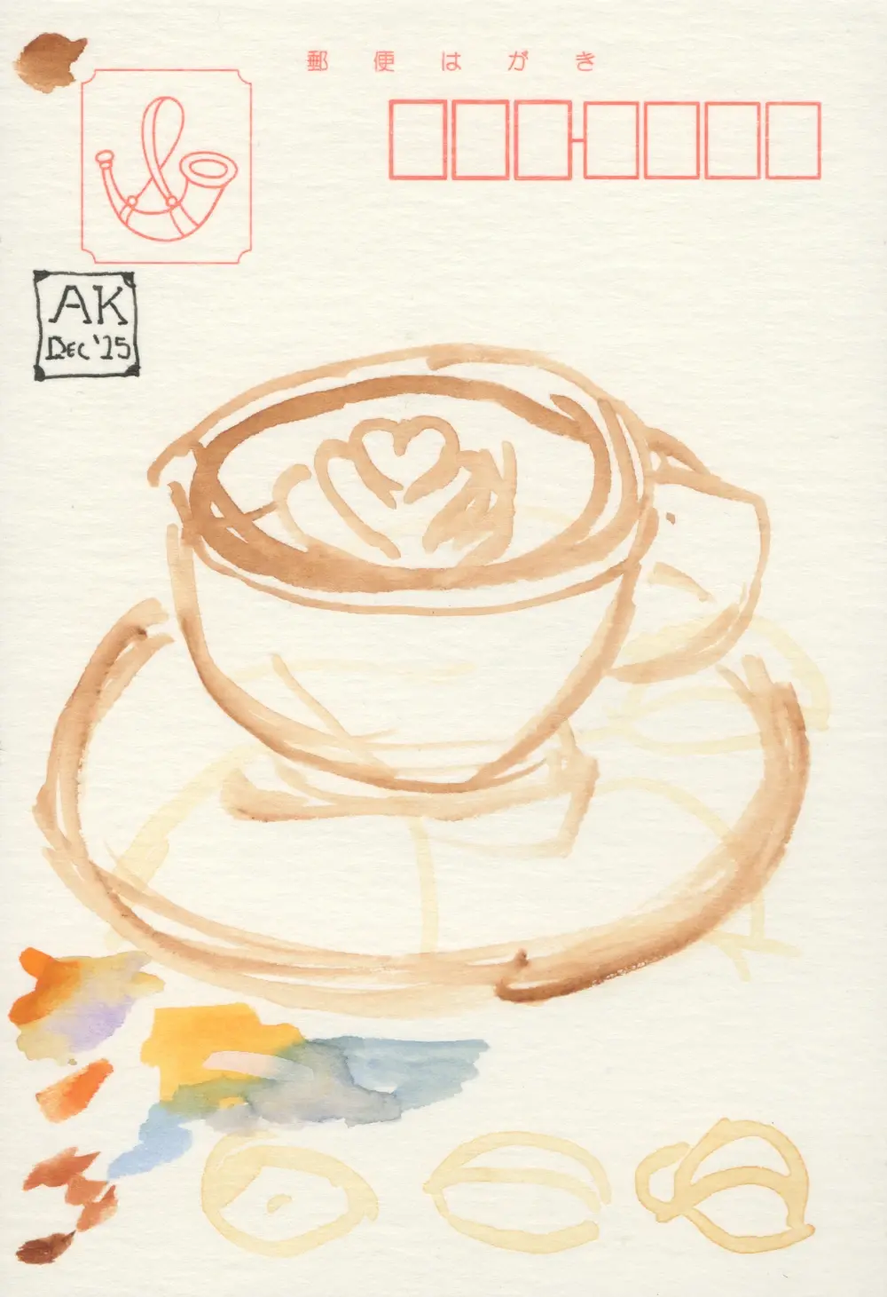 A rough outline watercolor sketch of a coffee cup with latte art