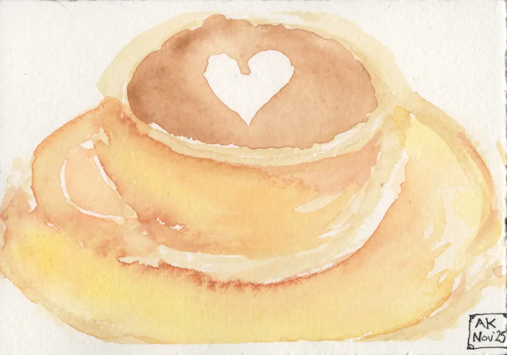 A watercolor painting of a cappuccino cup in sepia tones with heart shaped latte art.