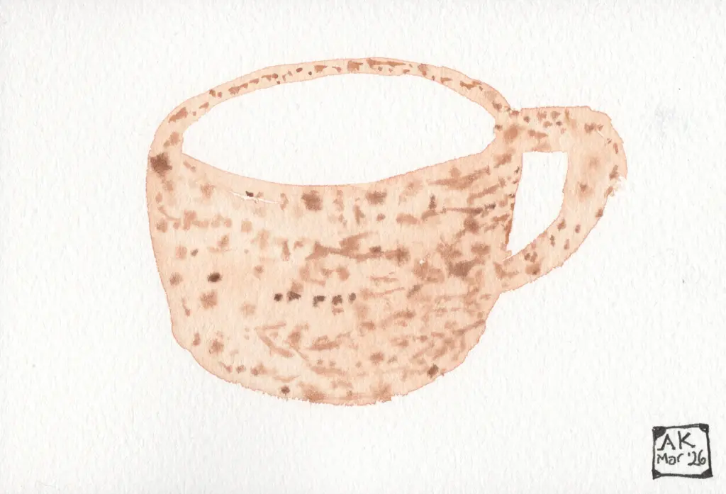 A watercolor painting of a coffee cup with a speckled glaze. The painting is simple with whitespace preserved in place of the beverage.
