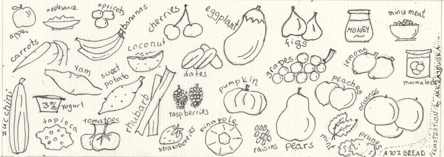 Black and white illustration of the 33 optional ingredients in the original A to Z bread, from Apples to Zucchini. Ink of paper. Own work. May 2024.