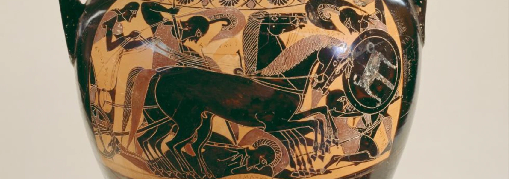 Cropped close-up of ancient Greek Amphora depicting Achilles, who dismounts chariot to kill Eurymachus.