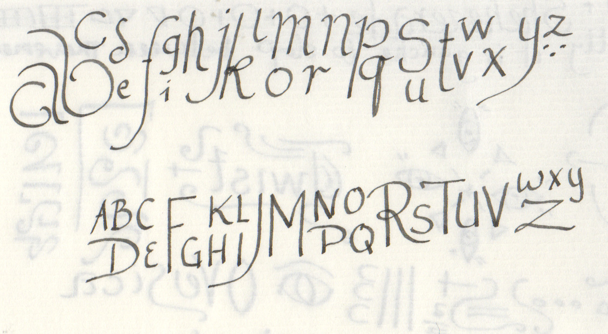 Lowercase and uppercase alphabet with symbols bleeding through as though a palimpsest. Ink on paper, by AK Krajewska. Image description: Calligraphied alphabet samples, one lowercase letters, one upppercase. They are somewhat askew.