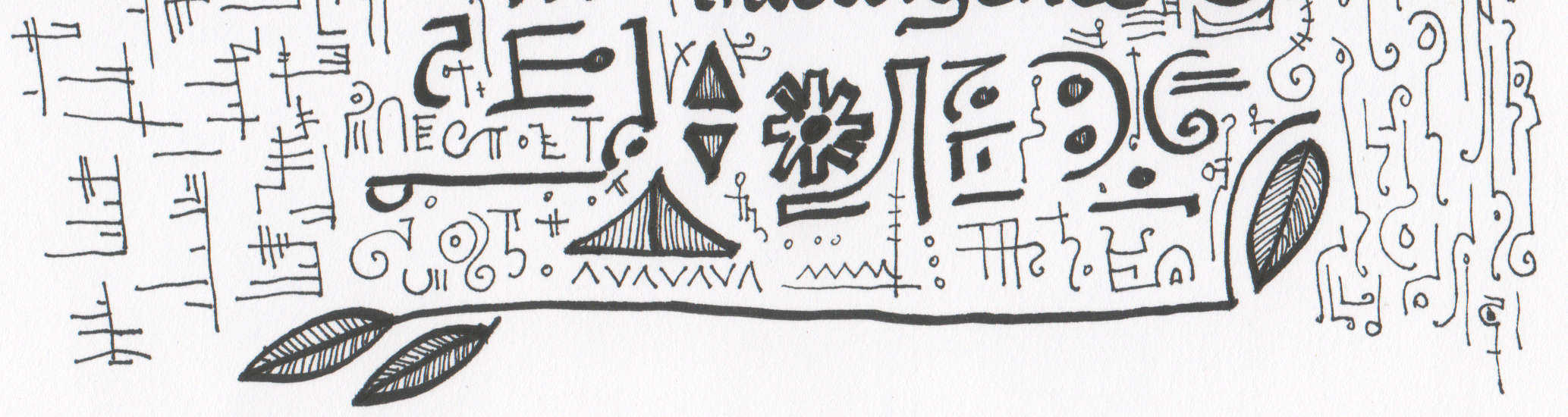 Ink on paper drawing of abstract letter like shapes along with a simplified gear, bridge, triangles and leaves.