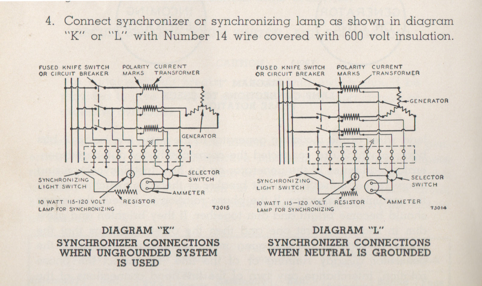 Two circuit diagrams side by side. Top text: Connect synchronizer or synchronizing lamp as shown in diagram "K" or "L" with number 14 wire covered with 600 volt insulation.