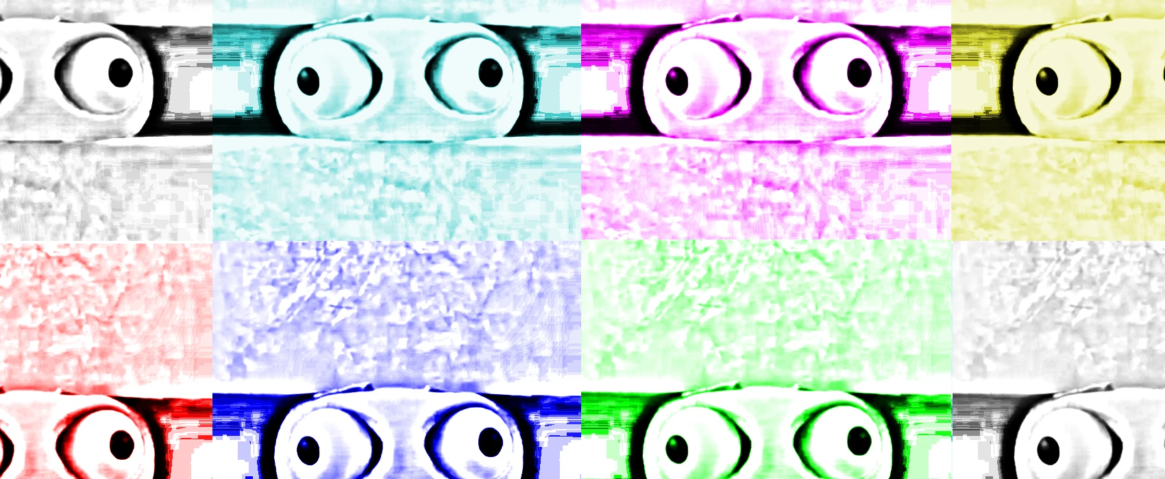 A series of distressed smiley faces in a grid in the style of an Andy Warhol collage. The image is a still from Apple's Crush ad manipulated to appear photocopied and then colorized CYMK and RBG using photo editing software. Own work 2024.