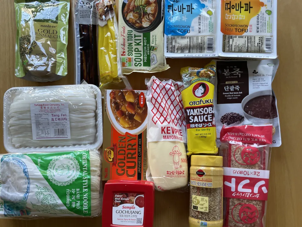 Korean groceries lay on a table