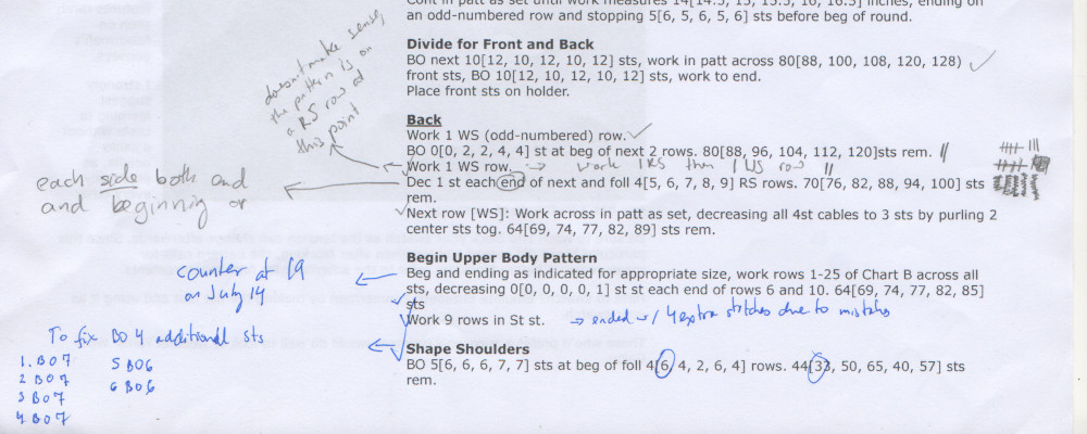 Scanned image of a portion of a knitting pattern with messy notes to self about mistakes and how to fix them, places left off, and hash marks keeping place.