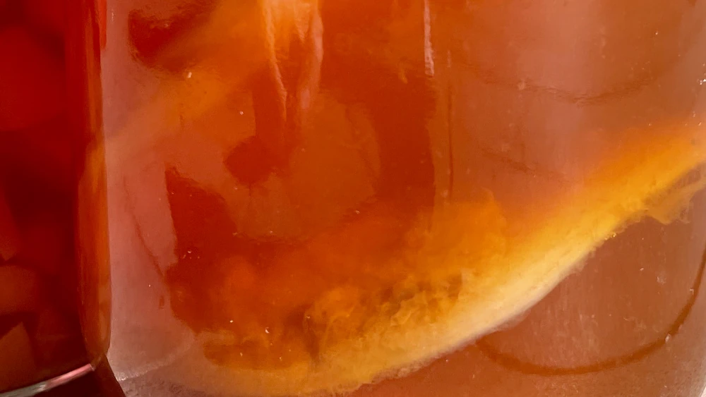 A fuzzy disc of white floats in an amber liquid