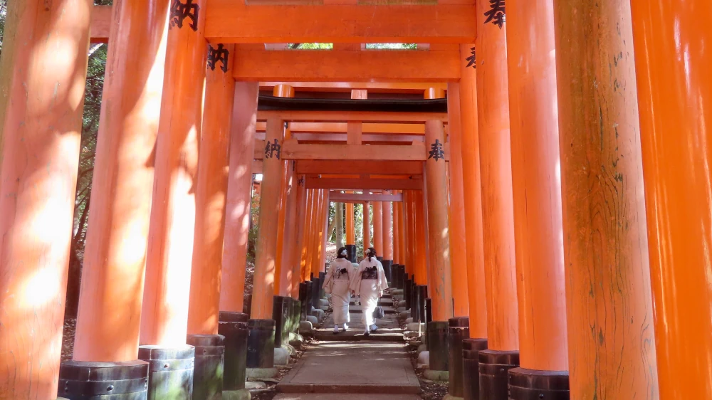 A view through a tunnel formed of vermilion torii with women in white kimono at the far end of the path.