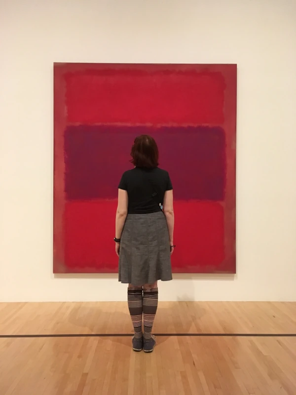 A person looks intently at painting of three blocks of red