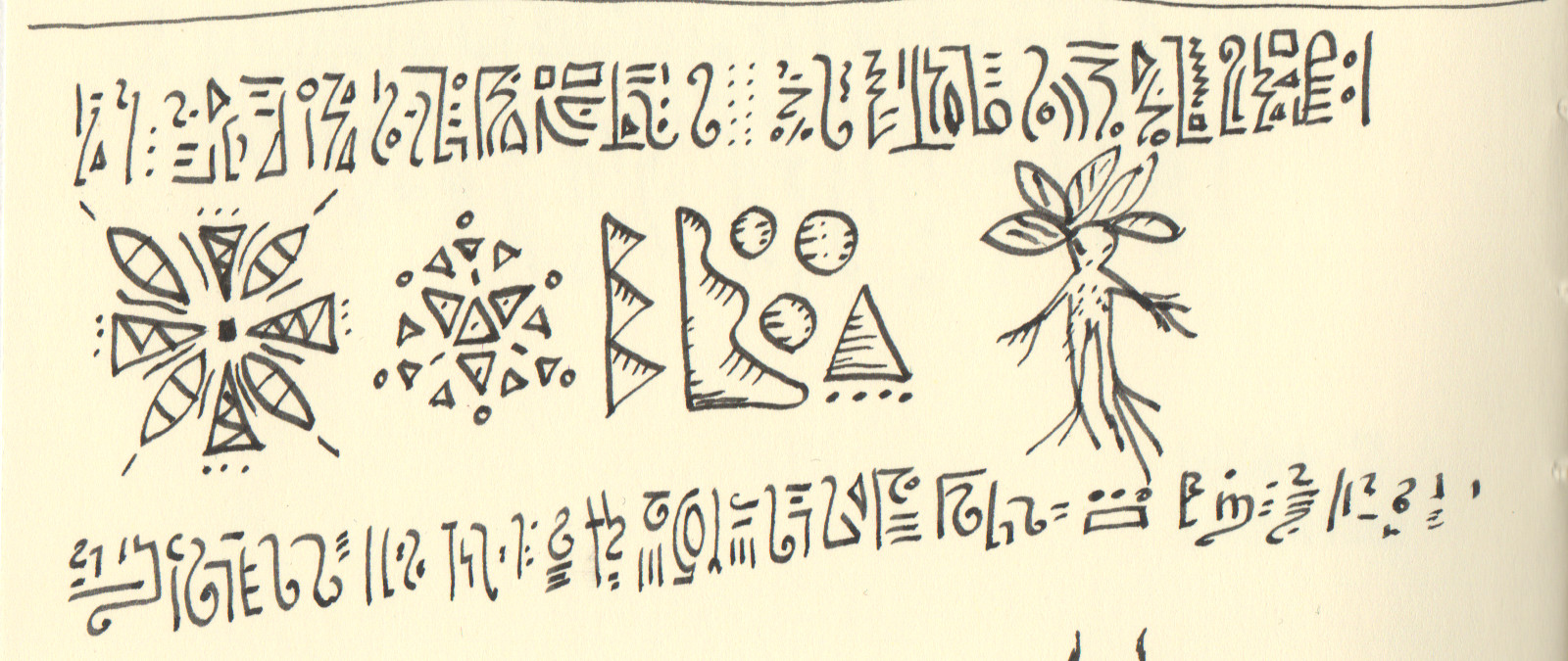 Ink on paper, text-like graphic markings with a mandrake.