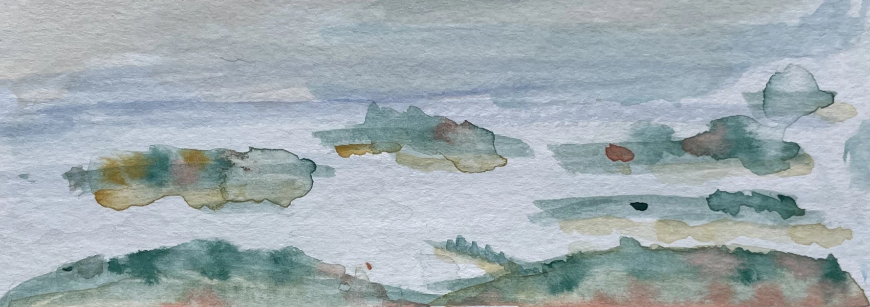 An abstracted watercolor painting of forested islands.