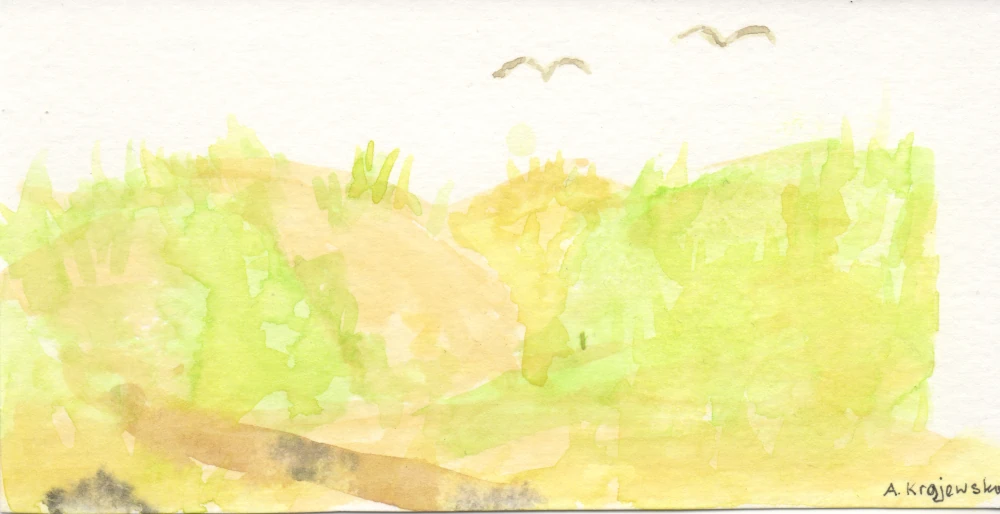 A waterlor painting of a dune with some grass, with two seagulls flying above. Everything is very washed out and faint.