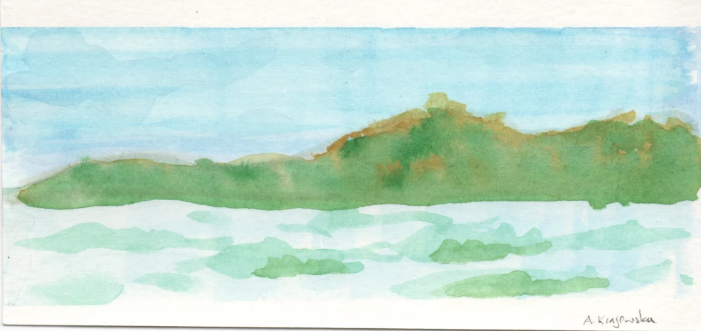 A simplified watercolor painting of hills rising out of the blue-green ocean into sky that's almost the same shade of blue