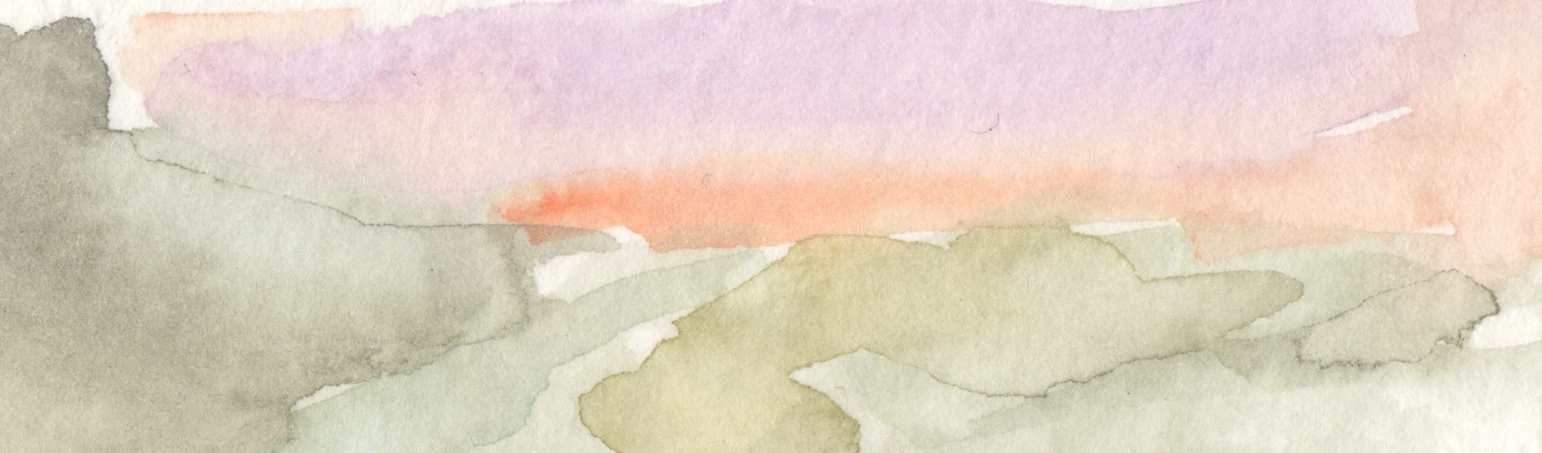 Closeup of a watercolor painting with brown-green hills, violet and orange sky.