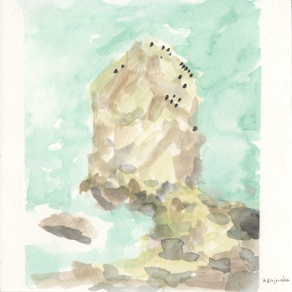 A watercolor painting of a big upright rock rising out of the ocean with black dots along its ledges