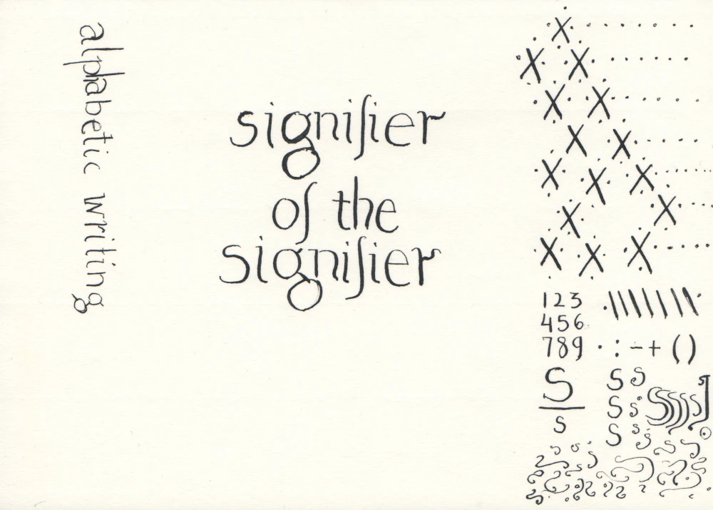 Calligraphy of the words Signifier of the Signifier. On one side, written sideways, the phrase alphabetic writing. On the other side lots of Xs, S/s, the number 9-1 arranged on a number pad