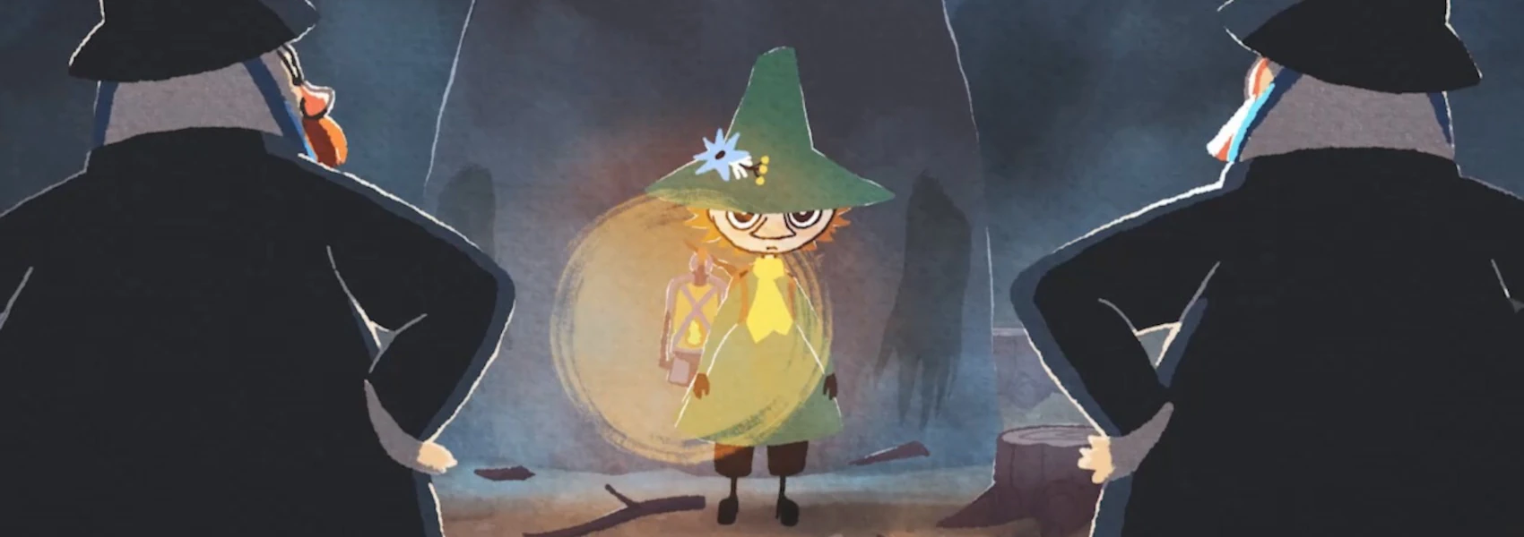 Snufkin scares the crap out of some policemen with the help of the Groke who is standing right behind him.