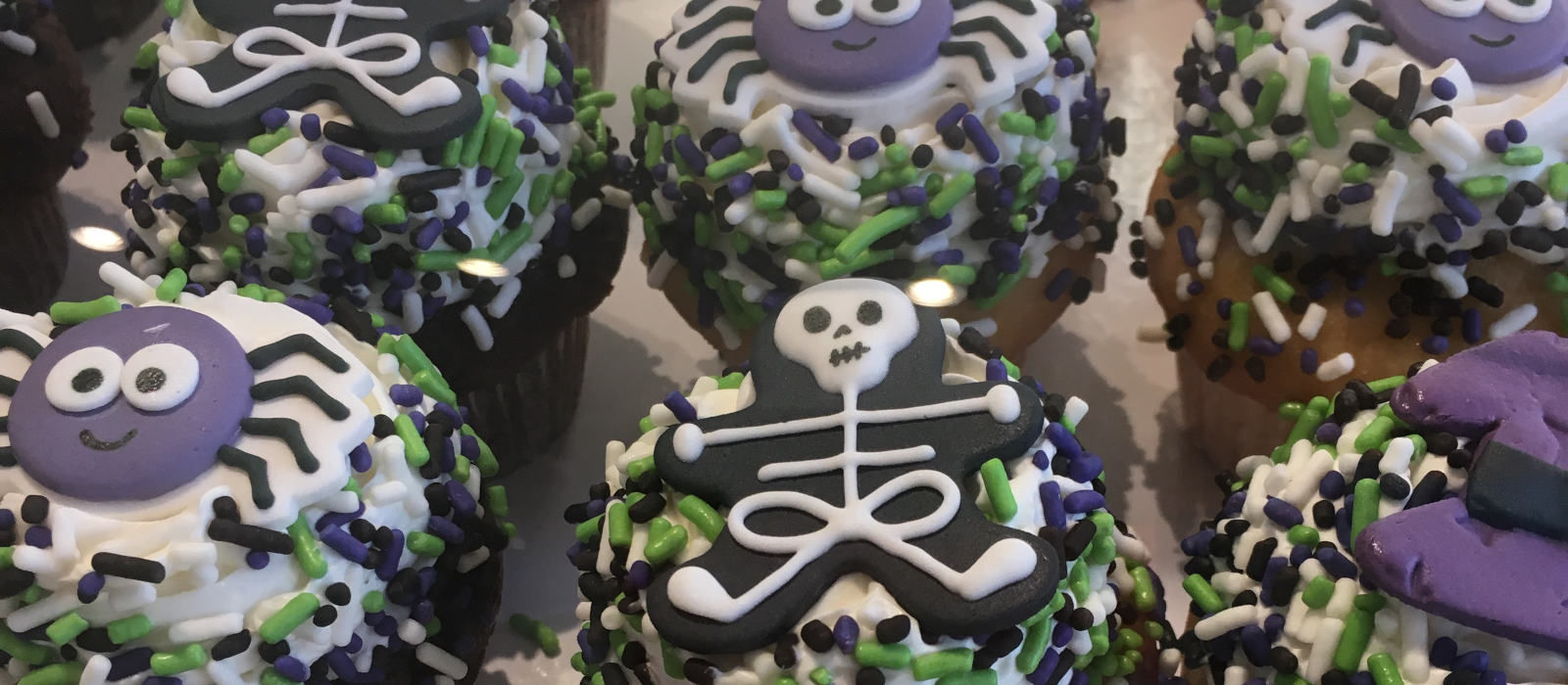Several cupcakes decorated with cute spooky things for Halloween, including a skeleton, a cute spider, and a witch hat.