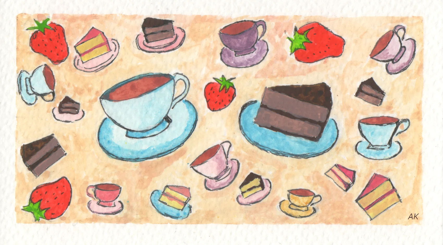An ink and watercolor painting of a teacup and a slice of cake on a plate surrounded by many other smaller teacups and plates all around it, as well as several strawberries. Own work 2024.